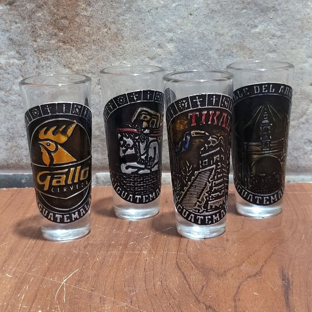 Guatemala Tequila Shot Glasses Metal Embellishment Souvenir Set of 4